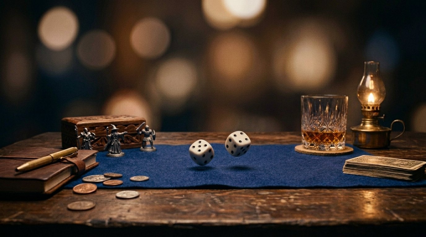 Two white dice caught in mid-air above a navy felt runner on a scarred wooden table, beside a whisky glass, a brass oil lamp, a leather notebook and a scatter of coins