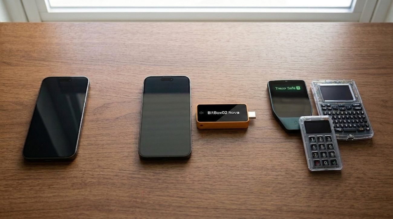 Three setups arranged left to right on a desk: a phone alone, a phone beside a hardware wallet, and three hardware wallets together