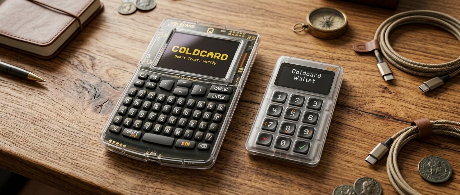 A COLDCARD Q and a COLDCARD Mk5 side by side on a wooden desk, both powered on and showing their home screens