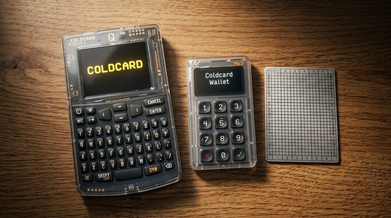 A COLDCARD Q and Mk5 beside a blank metal seed plate, ready to have the recovery words stamped into it in order