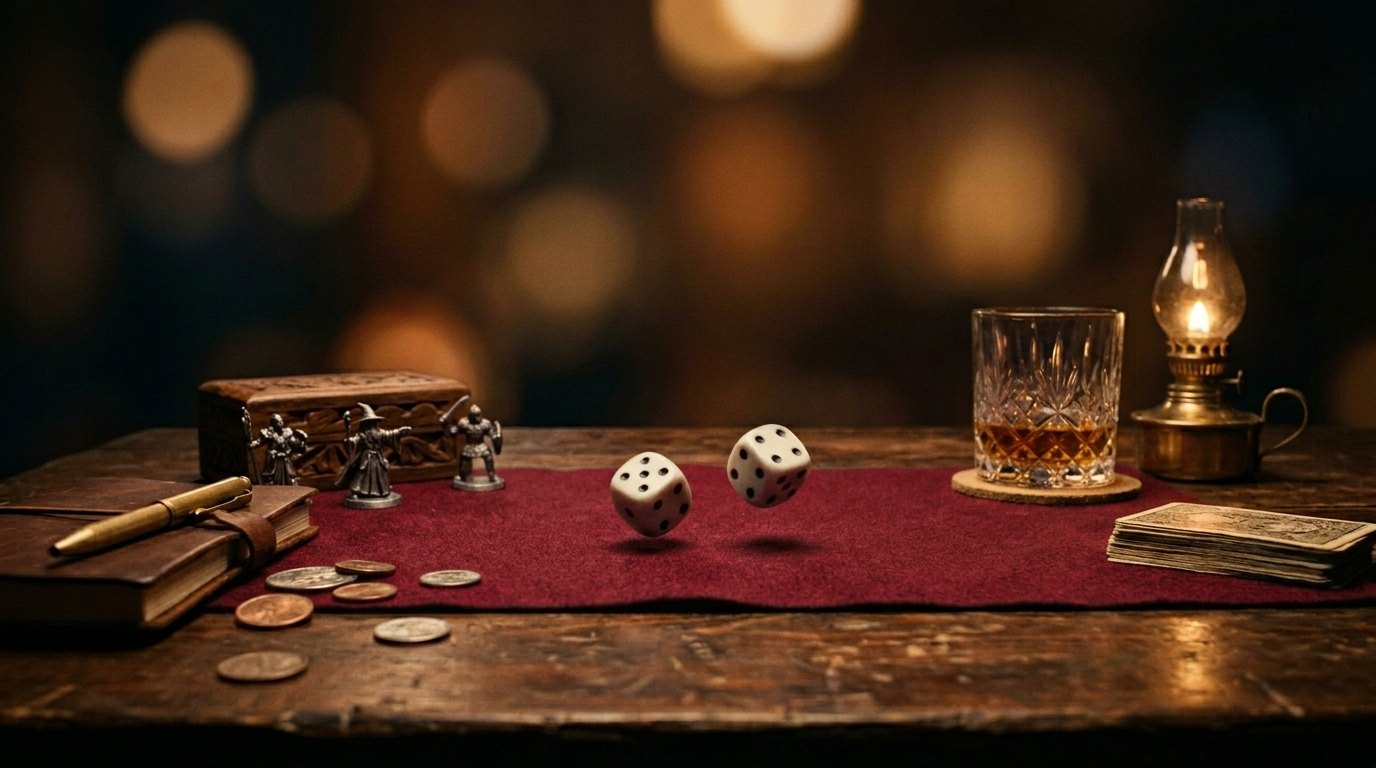 Two white dice caught in mid-air above a burgundy felt runner on a scarred wooden table, beside a whisky glass, a brass oil lamp and a leather notebook