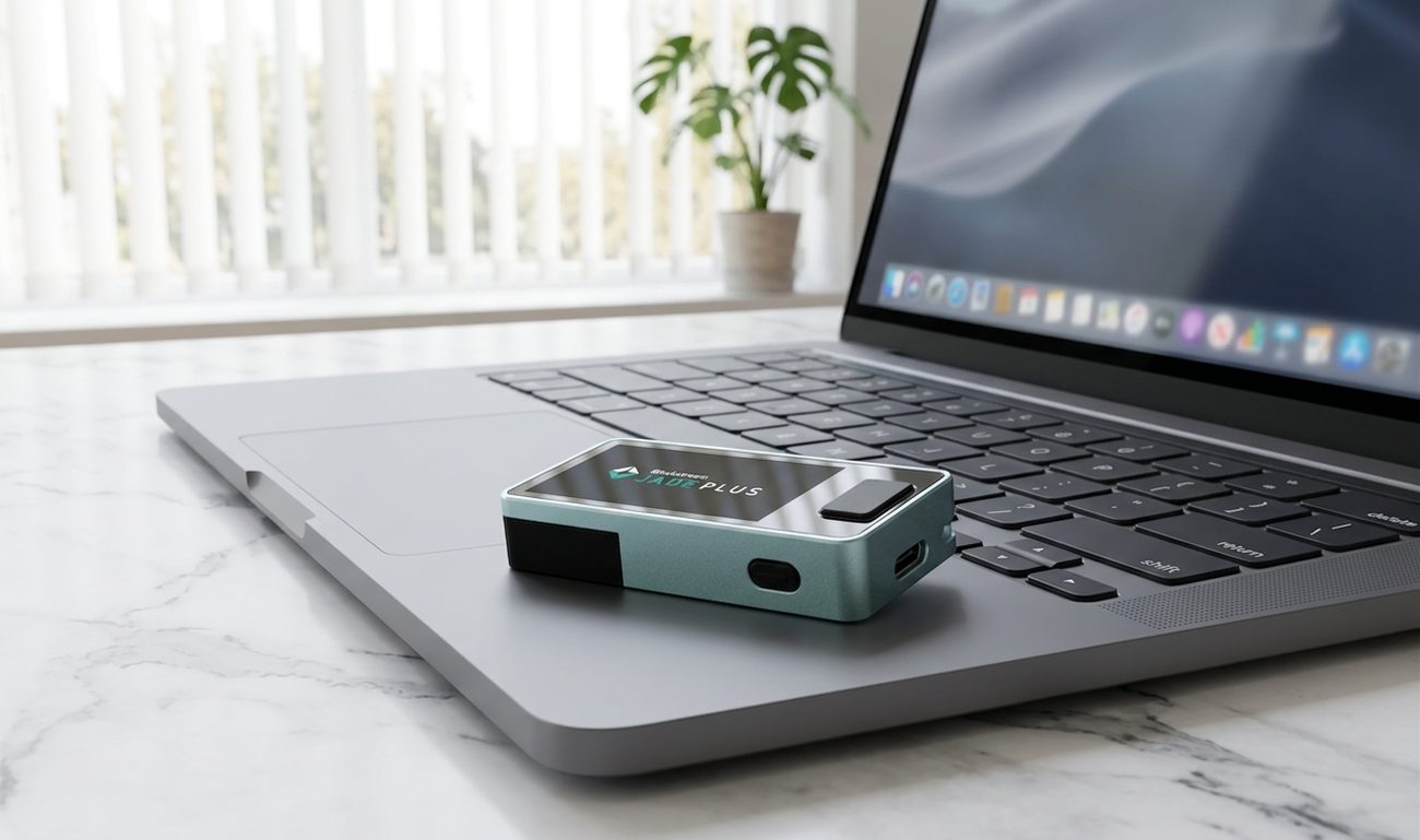 A Blockstream Jade Plus resting on a laptop keyboard, its screen showing the device's own logo