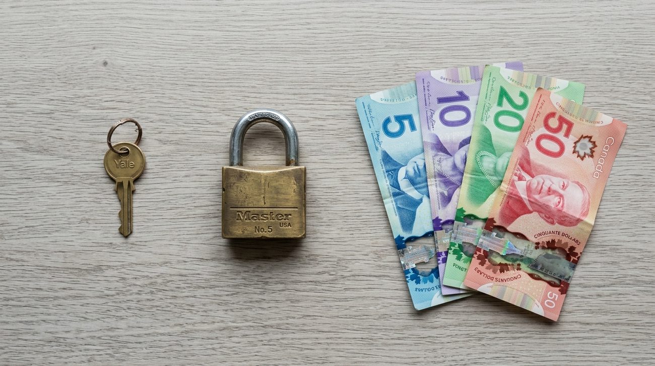 A clean overhead flat-lay: a key, a padlock, and a small pile of mismatched cash notes of odd denominations, arranged left to right