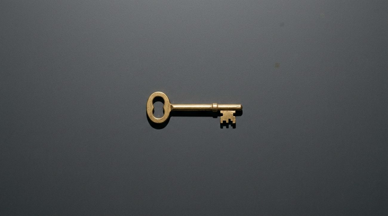 A single key on a plain surface, shot from above, with a long hard shadow