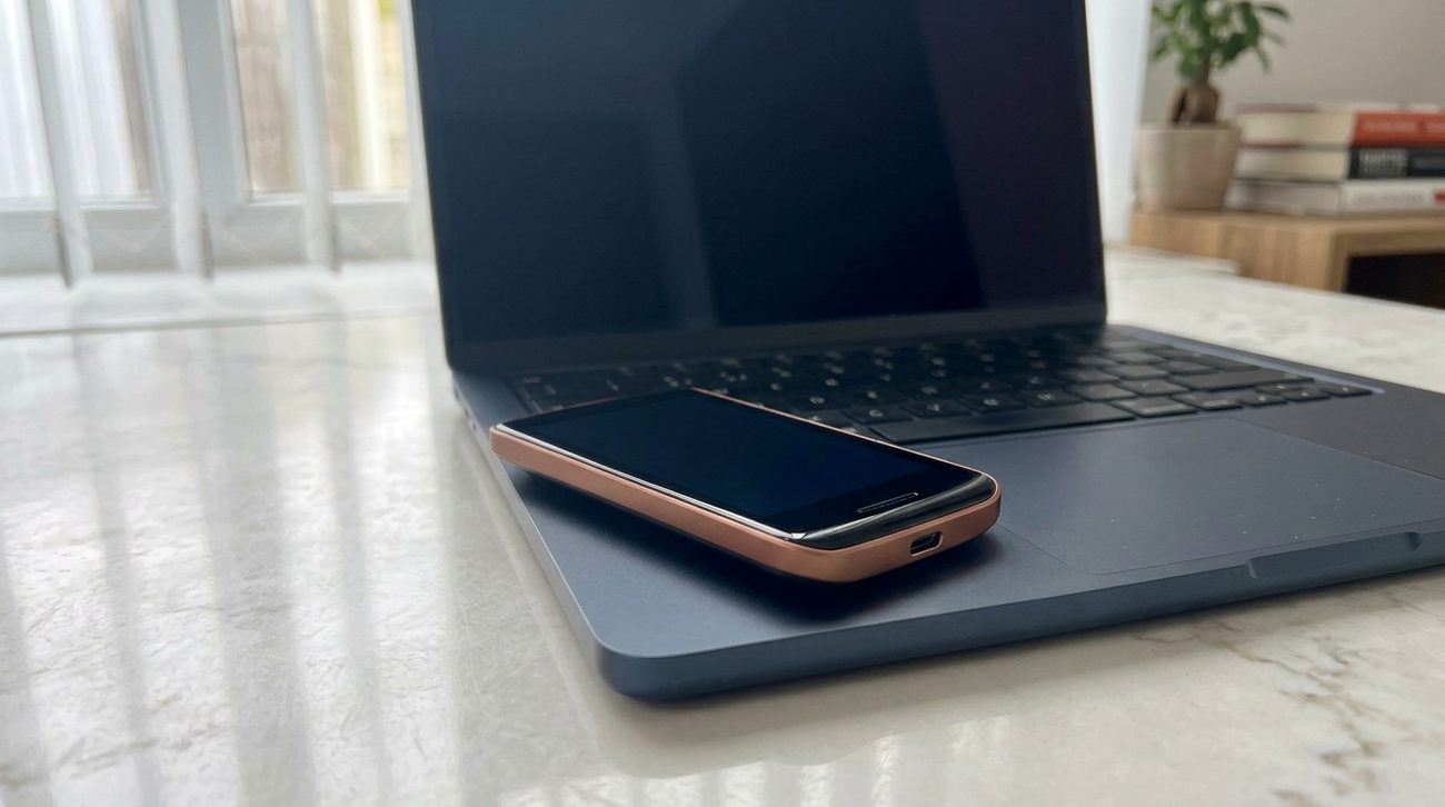 A Foundation Passport device resting on a laptop trackpad, no cable connected