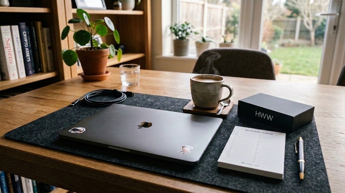 A desk laid out for a setup session: a boxed hardware wallet, a recovery-phrase card and pen, a closed laptop, and a cup of coffee