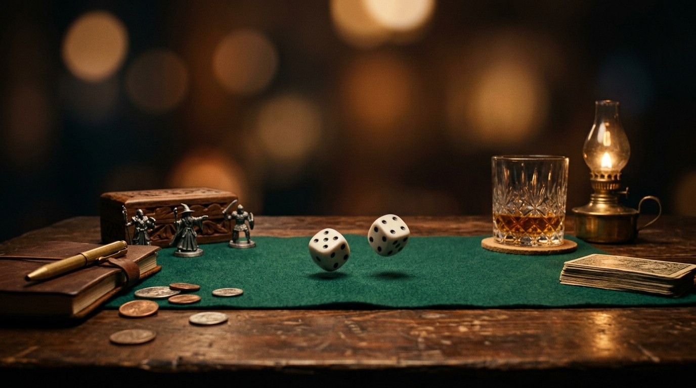 Two white dice caught in mid-air above a green felt runner on a scarred wooden table, beside a whisky glass, a brass oil lamp and a leather notebook