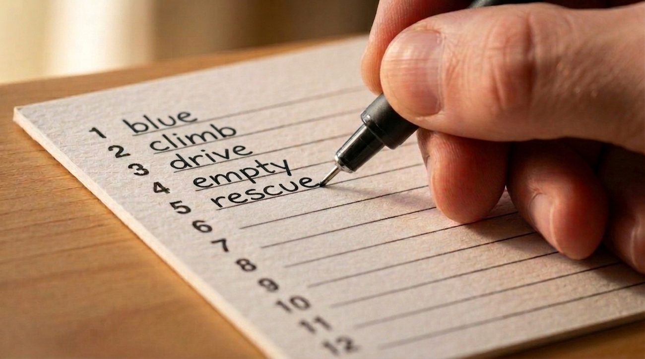 A close-up of a hand writing a recovery word onto a numbered backup card, several words already filled in above it
