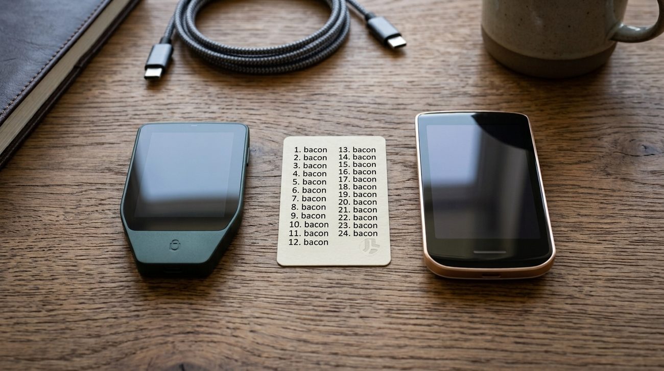 Two hardware wallets side by side on a desk with a seed card between them
