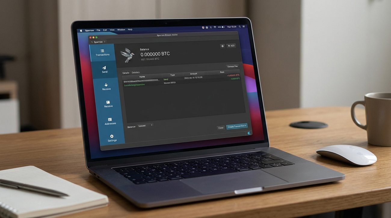 A laptop on a desk running the Sparrow bitcoin wallet, showing a transaction list and balance