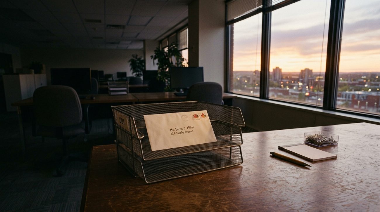 A single envelope sitting alone in a wire out-tray on an empty desk, late light, nobody around to collect it