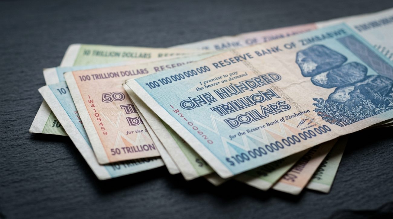 A fan of Zimbabwean hyperinflation banknotes on a dark slate surface, the top note reading one hundred trillion dollars