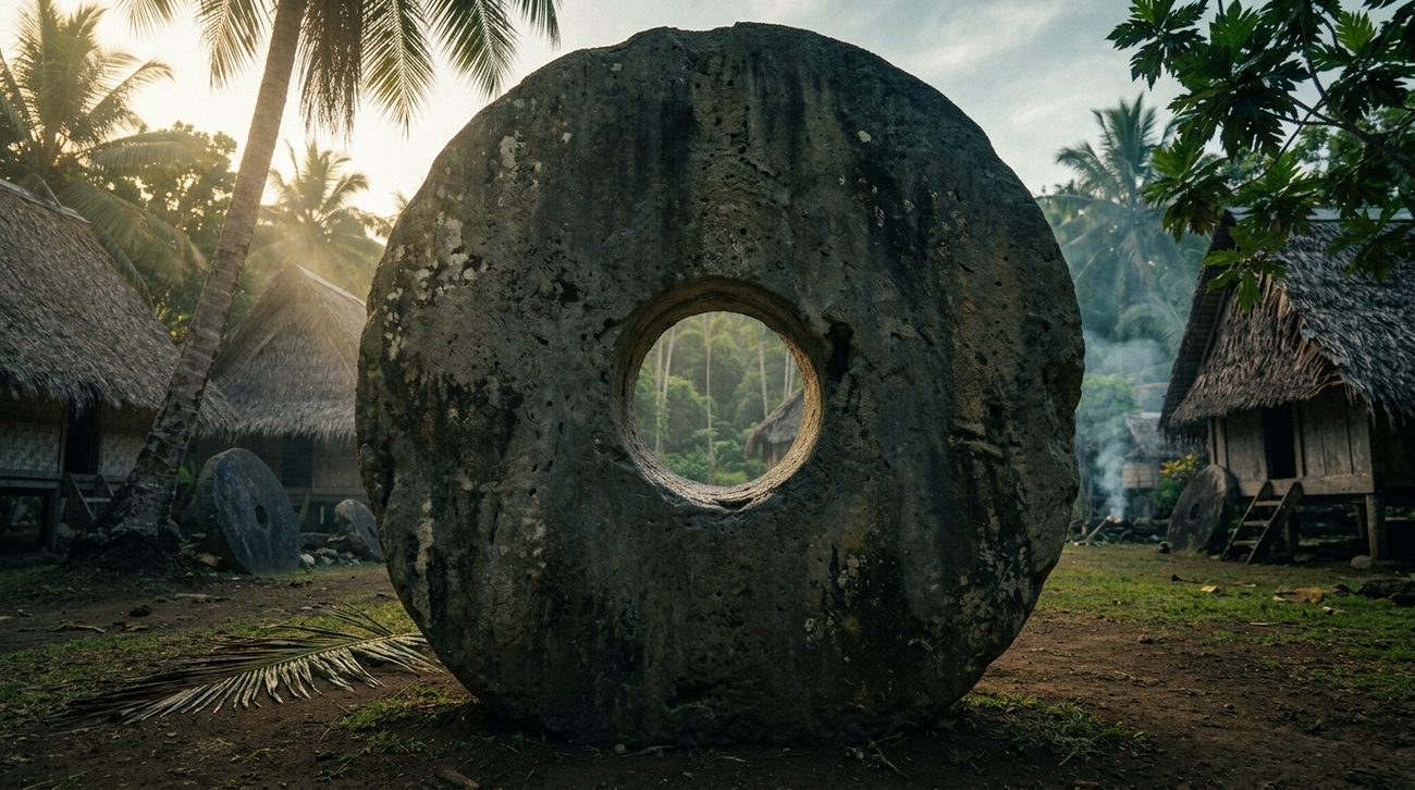 A rai stone standing in a village clearing on Yap: a limestone disc taller than the thatched houses behind it, the central hole framing the greenery, shot slightly from below so the scale reads immediately