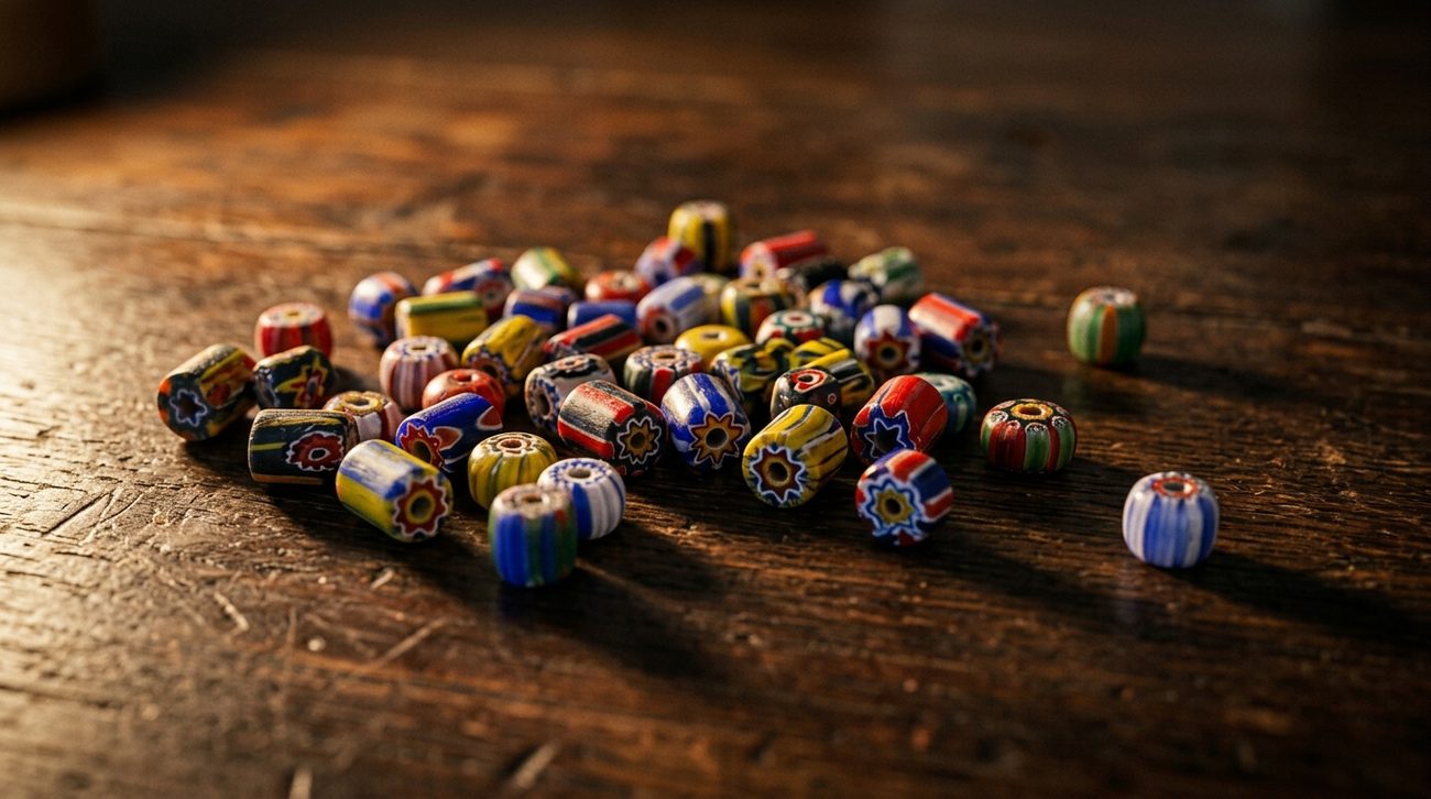 A handful of Venetian millefiori trade beads spilled across dark wood under a low side light, close enough that the machine-made regularity of the patterns is unmistakable