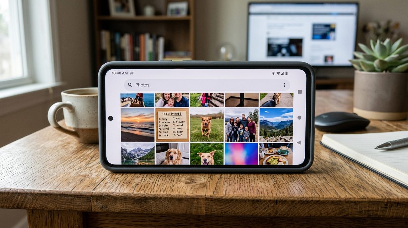 A phone lying face-up on a desk showing a photo gallery, with a seed-phrase card visible as one of the thumbnails
